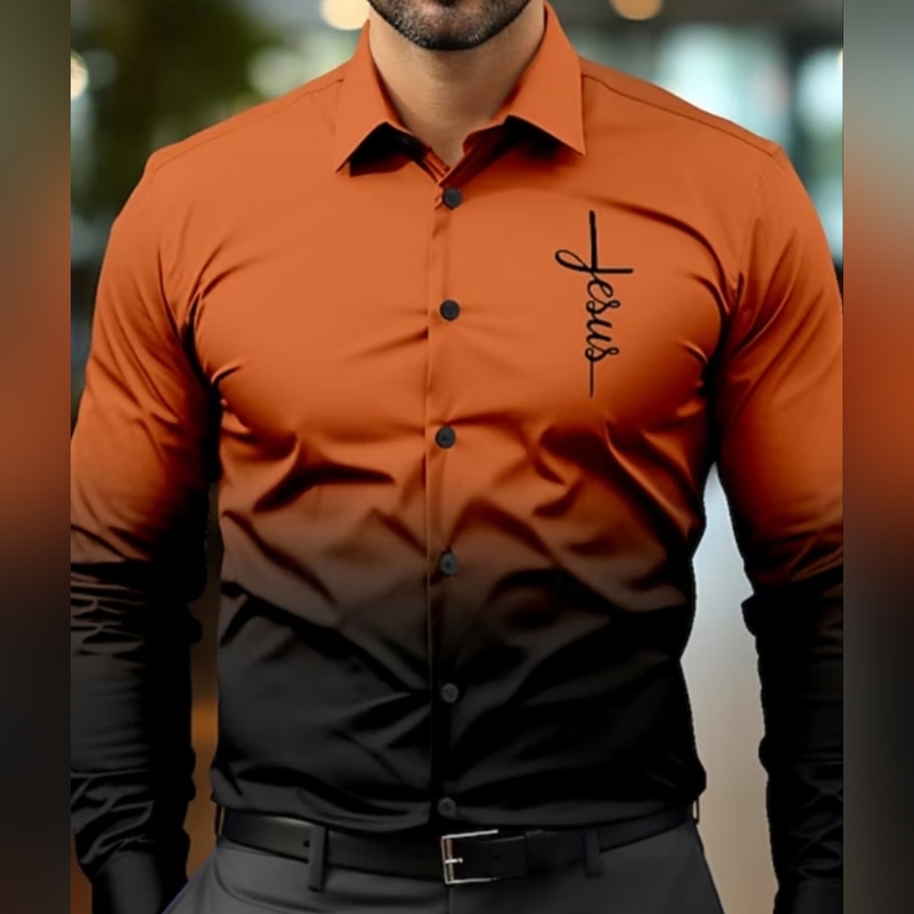 Orange to Black Ombre Button-Up Shirt with 'Jesus' Script. Sz 3x.